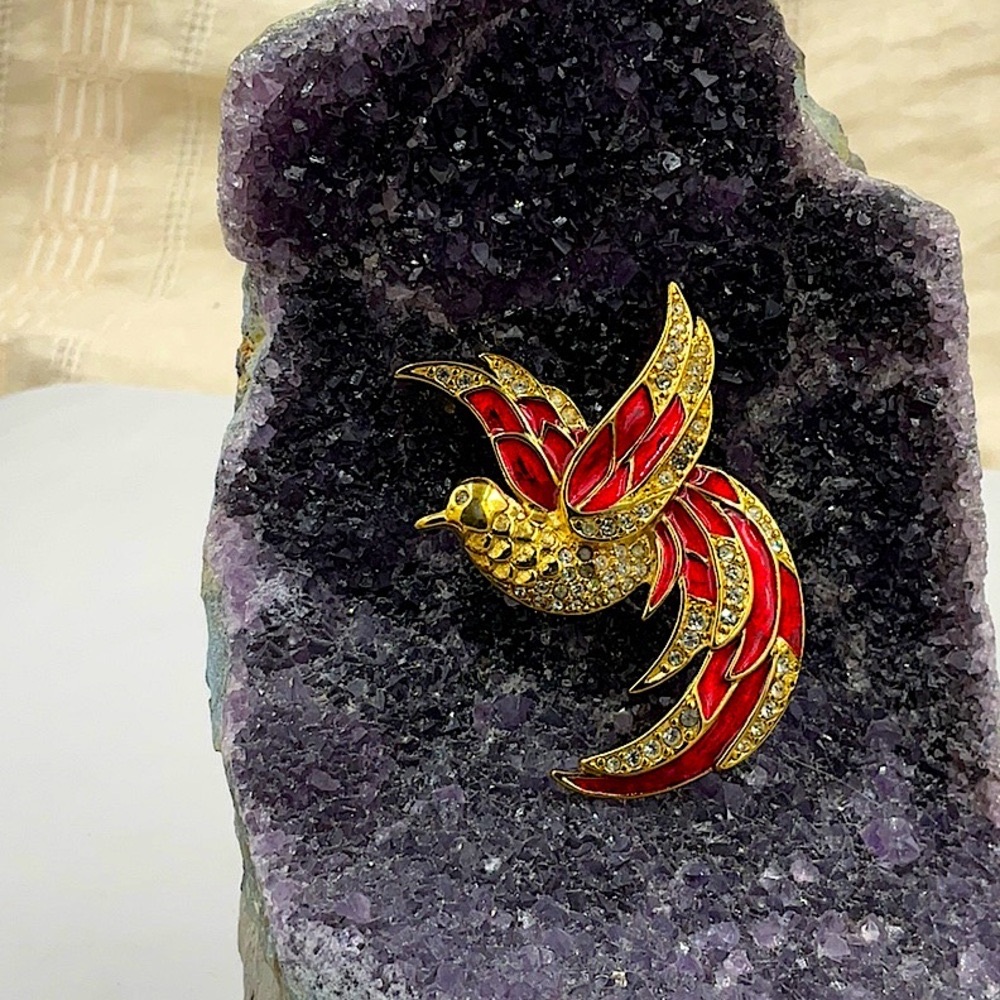 Vtg.SignedGiorgio,Stunning Bird Of Paradise GoldBroochPin W/Red CloisonnéEnamel - Picture 3 of 7